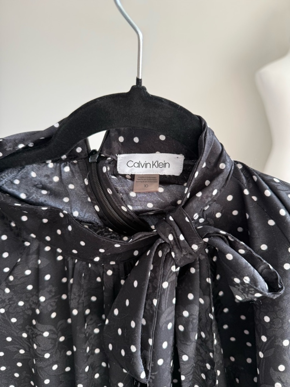 Calvin Klein Polka Dot Midi Dress – Black & White Tie Neck (Size 10) - Picture 4 of 4